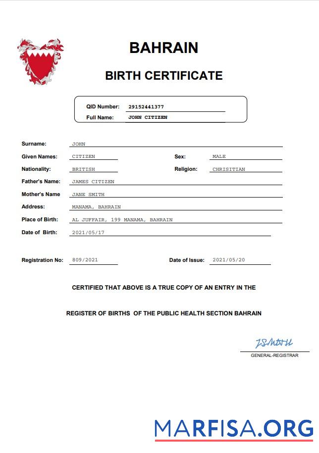 Blank Bahrain vital record birth certificate Word and PDF sample
